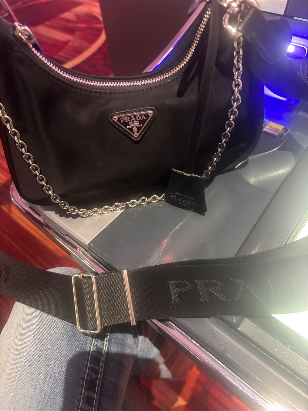 Prada Black Nylon Shoulder Bag with Silver Chain and Logo Strap